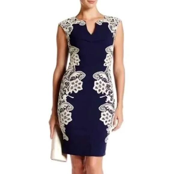 London Dress Company Dresses & Skirts - Modcloth London Dress Company Amber Lace Navy / Cream Body Con Dress Size 6